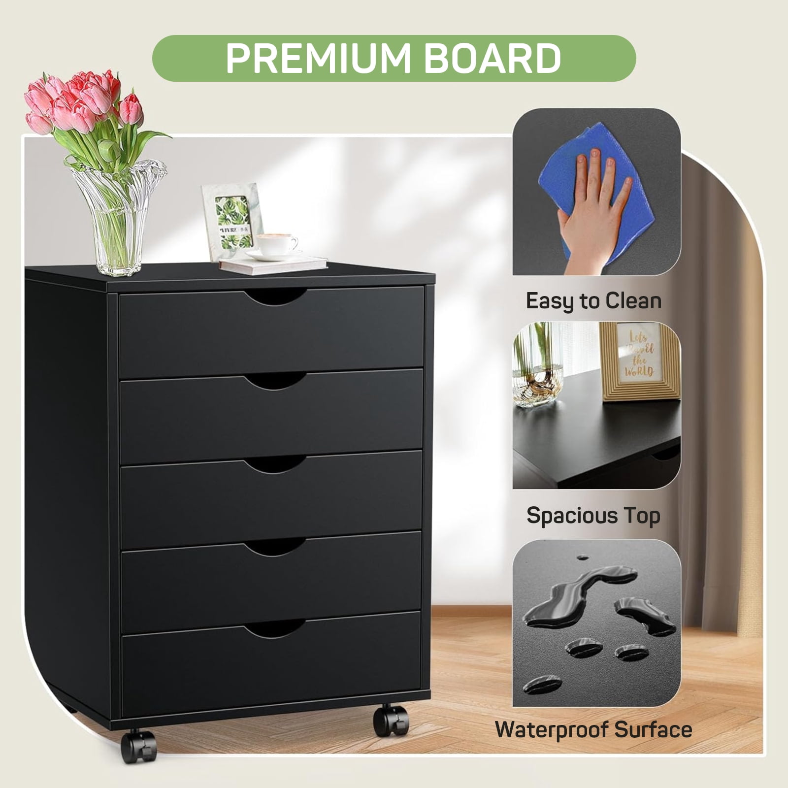 5-Drawer Wood File Cabinet with Wheels, Rolling Storage Organizer for Home Office, 18.74"W x 15.75"D x 25.39"H
