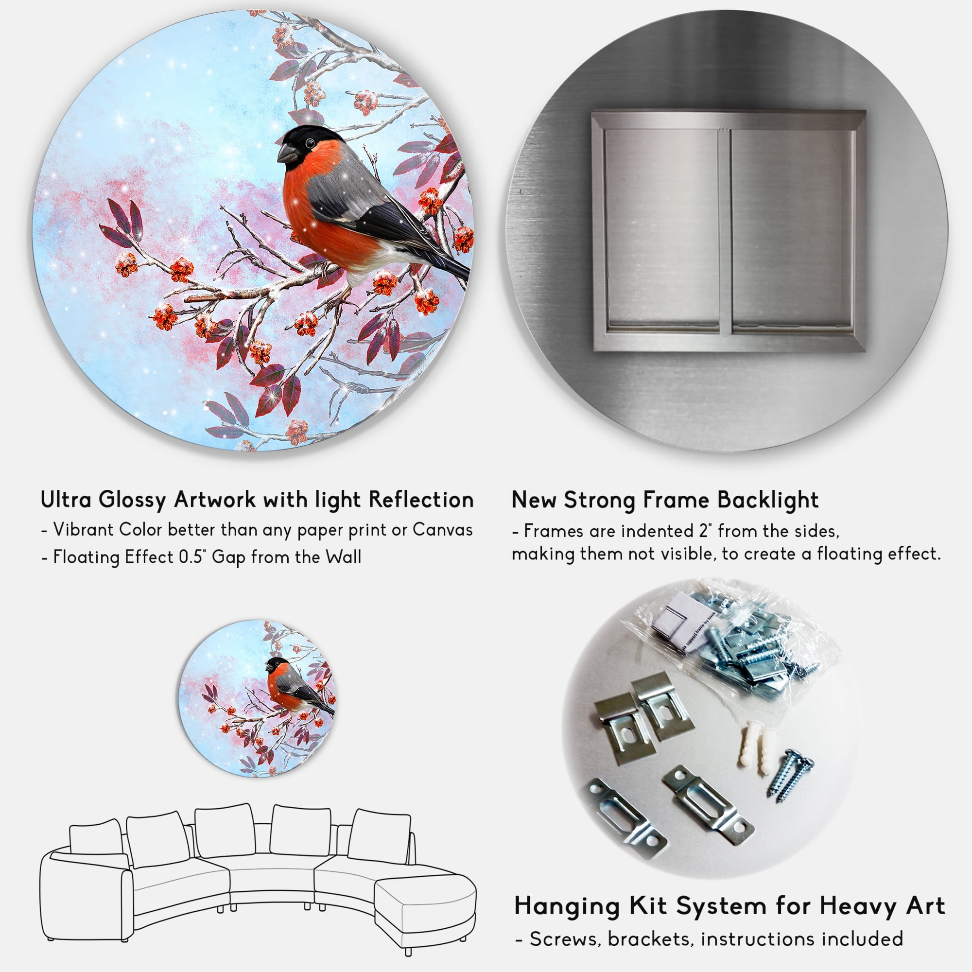 Designart 'A Bright Bullfinch Bird Sitting On A Branch' Traditional Circle Metal Wall Art 36x36 - Disc of 36