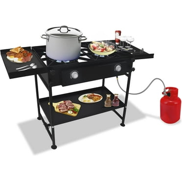 SONRET - Double Burner Propane Camping Stove - with Dual Side Shelf & Bottom Shelf