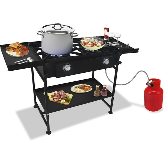 SONRET - Double Burner Propane Camping Stove - with Dual Side Shelf & Bottom Shelf