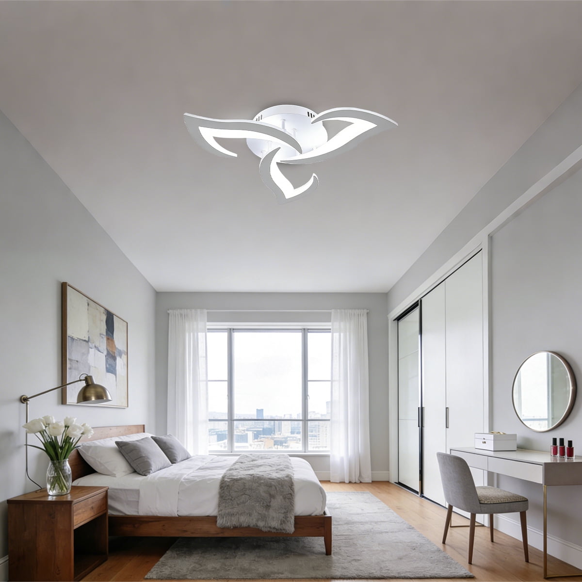 Modern Semi Flush Mount Ceiling Light, 20 inch Dimmable LED Chandelier Low Profile Ceiling with Remote Control, Ceiling Lamp Fixture for Living Room Dining Room Bedroom, White