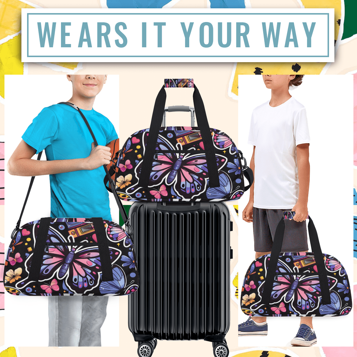 Herdesigns Butterfly Sports Duffle Bag for Women & Men, Butterflies Gym Bag Dance Bag Overnight Bag Carry On Weekender Travel Bag