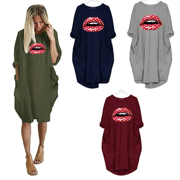 REDHOTYPE Plus Size Sexy Red Lip Print Midi Dress Loose Long Sleeve Pocket Casual Streetwear Beach Dress Nightdress Homewear