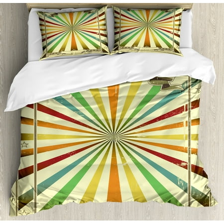 - Vintage Rainbow King Size Duvet Cover Set, Colorful Burst of Lines with Poster Design with Stars Circus Illustration, Decorative 3 Piece Bedding Set with 2 Pillow Shams, Multicolor, by Ambesonne