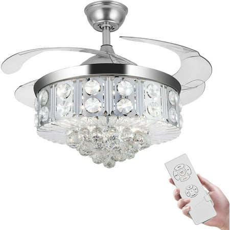

42 Invisible Ceiling Fan Chandelier Light Modern Crystal Ceiling Fan Light Remote Control 4 Retractable ABS Blades for Bedroom Living Room Dining Room Decoration (Silver)