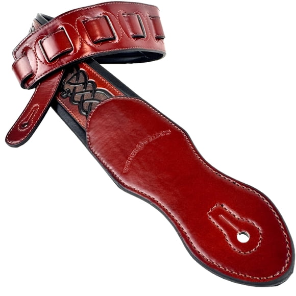 Walker And Williams KB-08 Whiskey Tan And Brown With New Black Celtic Knot Artwork Full Grain Carving Leather Padded Guitar Strap
