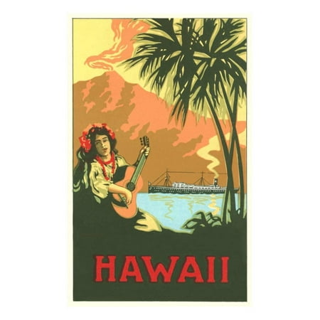 Hawaii, Volcano, Cruise Ship, Woman with Guitar Print Wall
