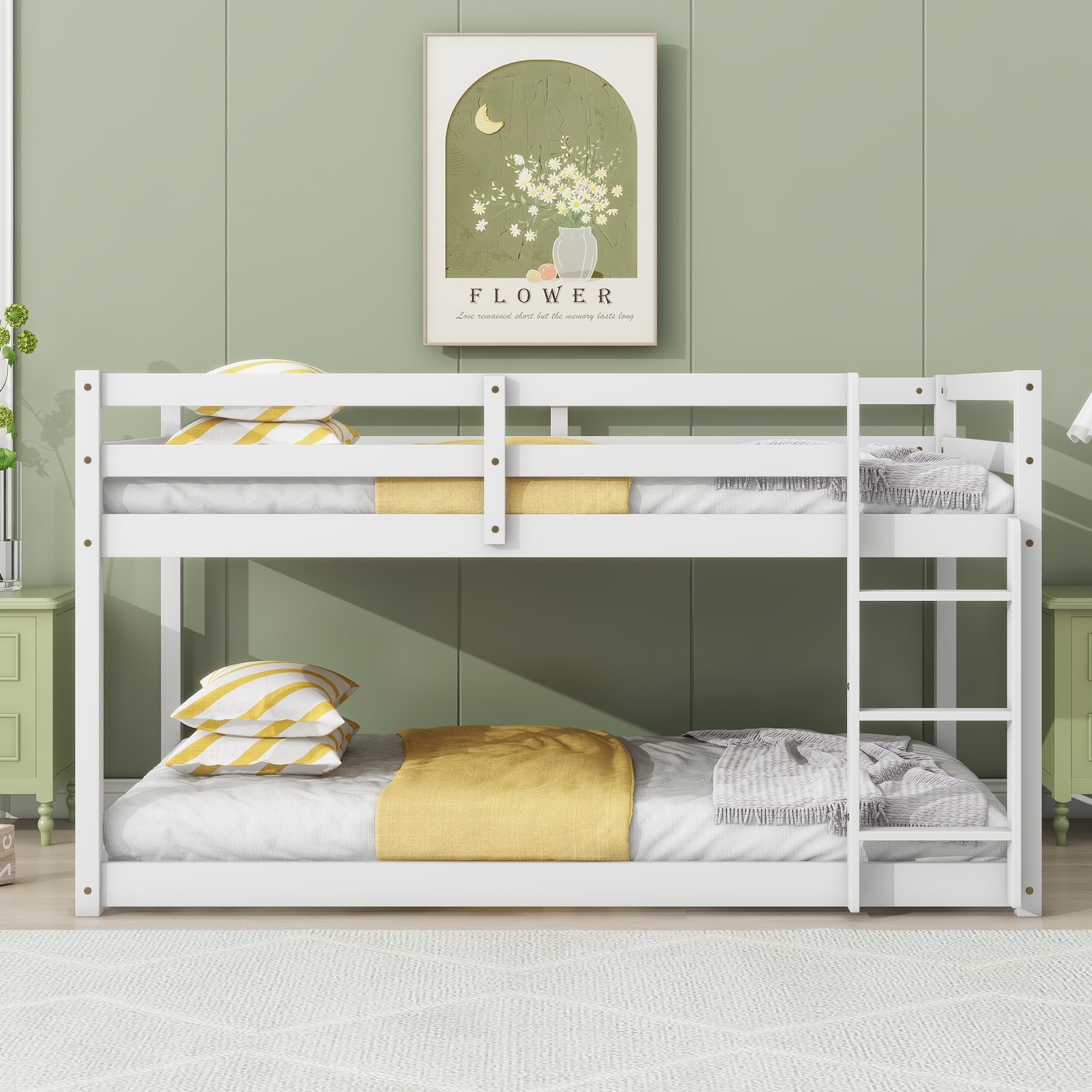 Sailvan Twin over Twin Floor Bunk Bed with Ladder, Solid Wooden/Solid Rubber, Upper and Bottom Bed Platforms crafted with Strengthened Slats