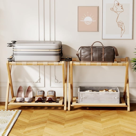 Luggage Rack for Guest Room, Foldable Suitcase Stand with Nylon Straps, Luggage Holder with Shoe Shelf (Natural Wood Bamboo)