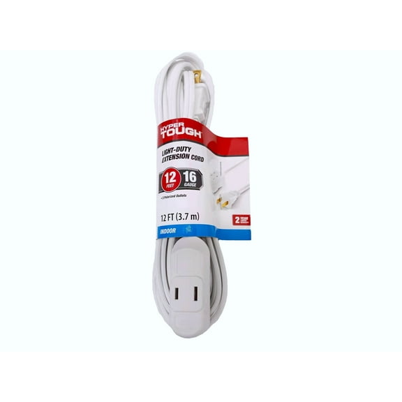 Hyper Tough 12FT 16AWG 2-Prong White Indoor Extension Cord, 125V, 13A