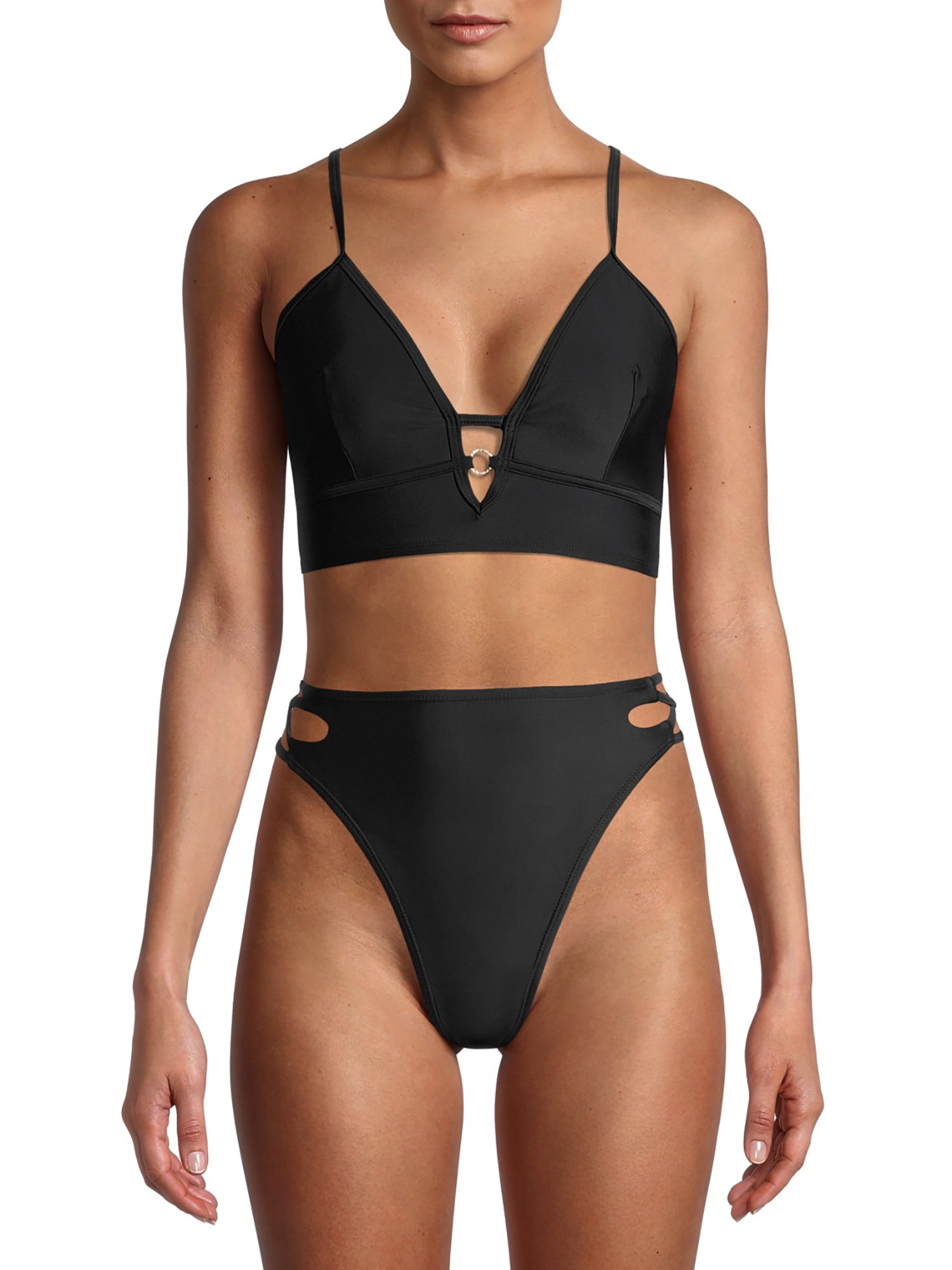 Time And Tru Women S Triangle Longline Bikini Swim Top Lace Up Back Walmart Com