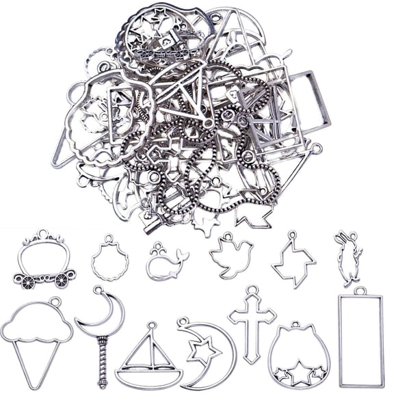 100g Mixed Styles Antique Silver Bezel Charms Pendants Alloy Open Back Bezel Blanks Hollow Pressed Flower Frame Pendant Resin Molds for DIY Jewelry Crafts Making Necklace Earrings
