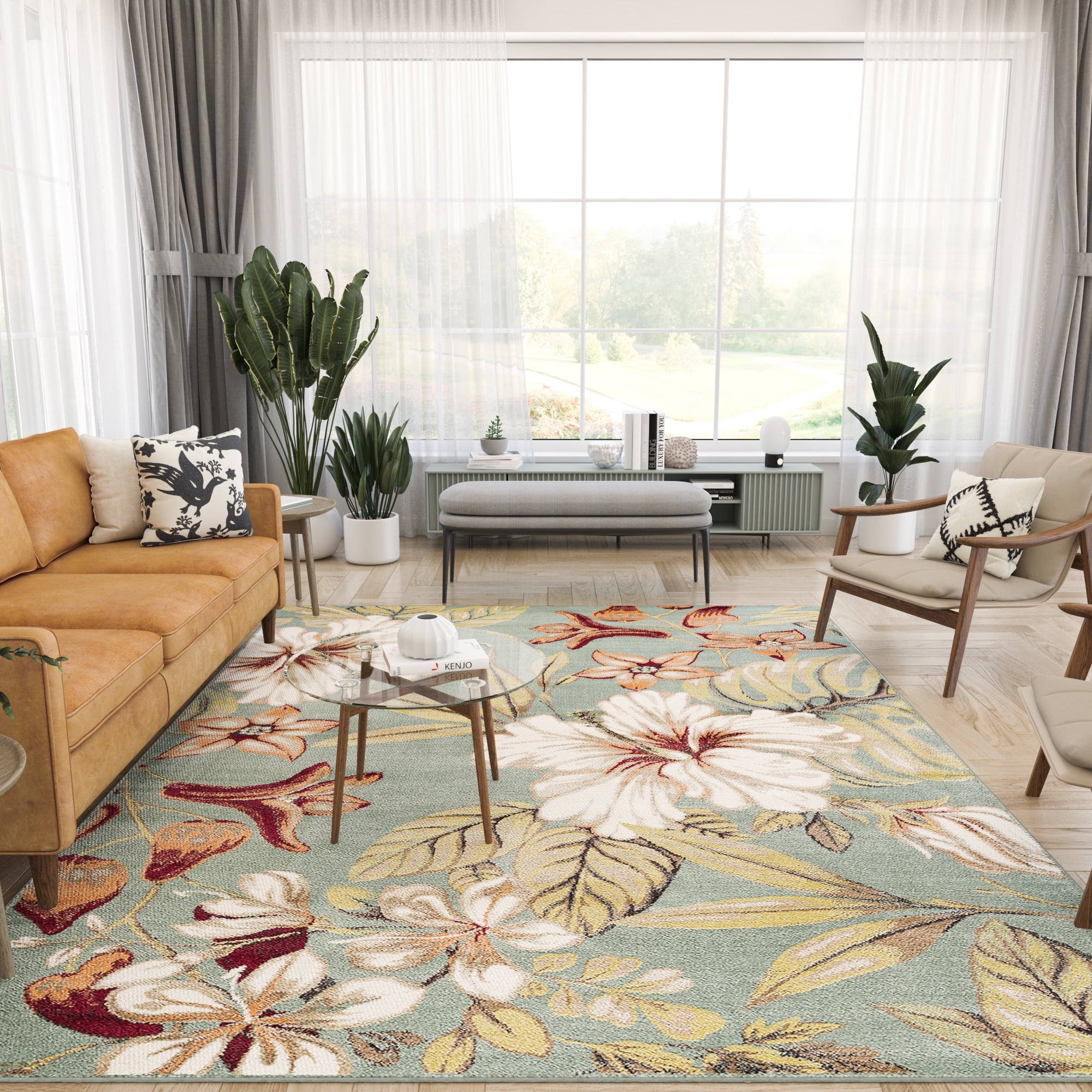 Transitional 8x10 Area Rug (7'10'' x 10'3'') Floral Seafoam, Creamy Ivory Living Room Easy to Clean