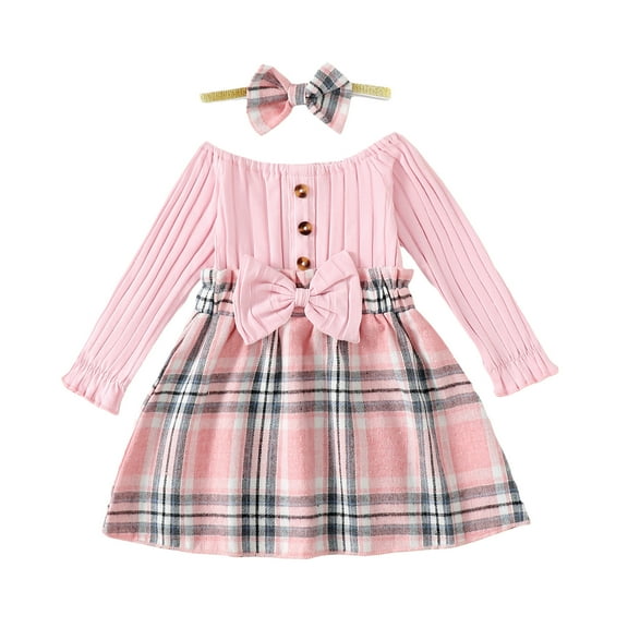 Infant Baby Girls Clothes Baby Girls Dress 3-6 Months Girls Long Sleeve Round Neckline Plaid Dress Headband Set Pink