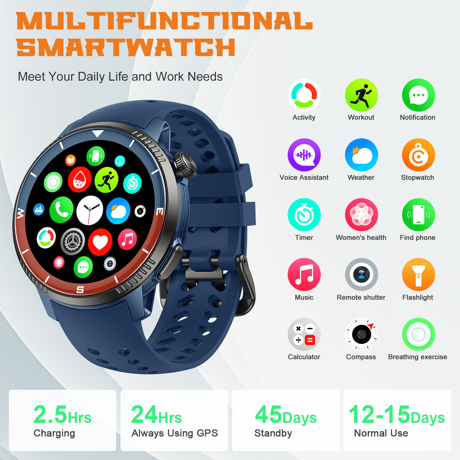 Smart Watch(Answer/Make Call), Smartwatch for Men Women, 1.43"HD AMOLED Display, Fitness watch with 170+ Sport Modes, IP68 Waterproof/Pedometer/Sleep Monitor, Activity Tracker for Android iOS