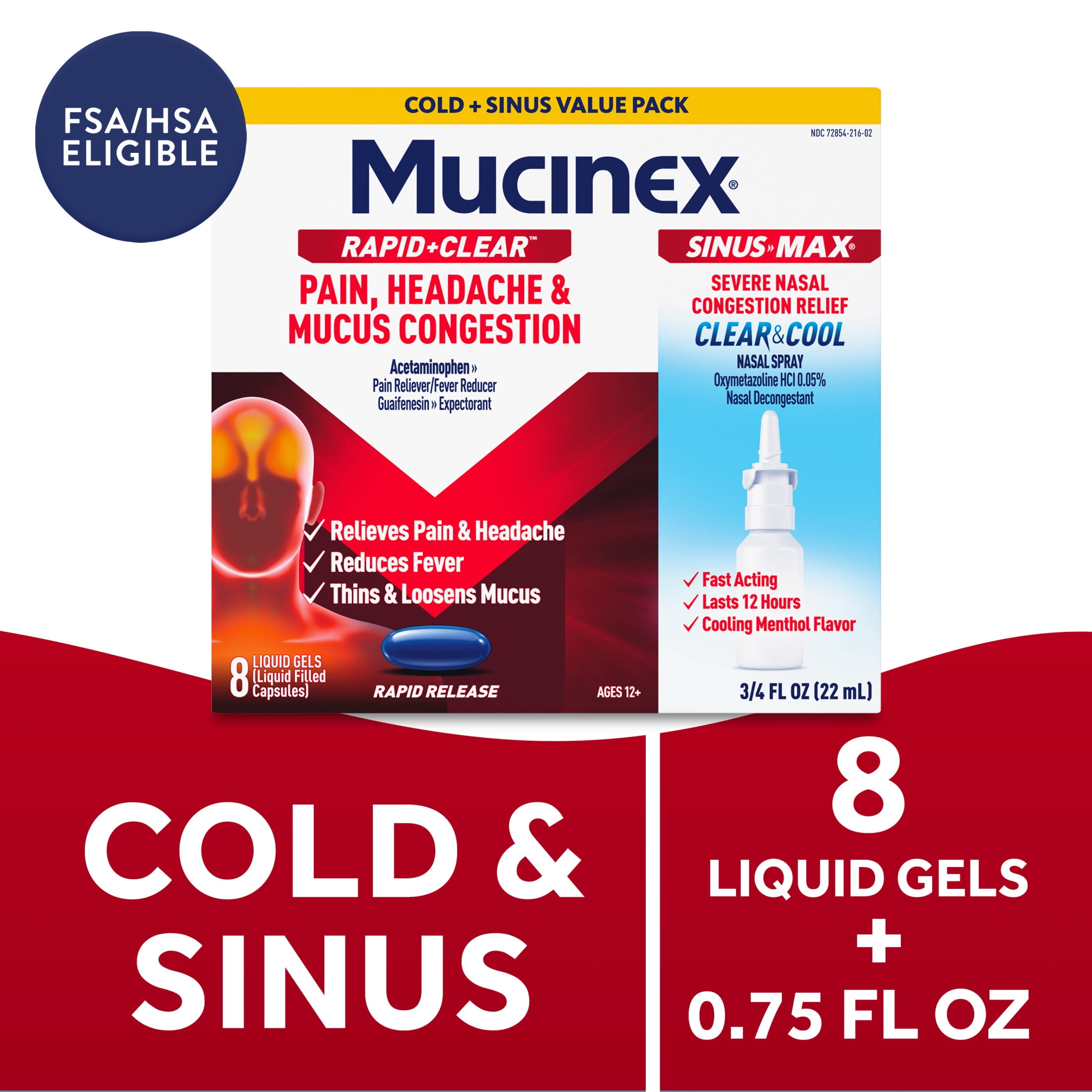 (6 pack) Mucinex Rapid Clear Pain, Headache, & Mucus Congestion (8 Liquid Gels) + Sinus Pressure Relief Nasal Spray (0.75 oz) Combo Pack