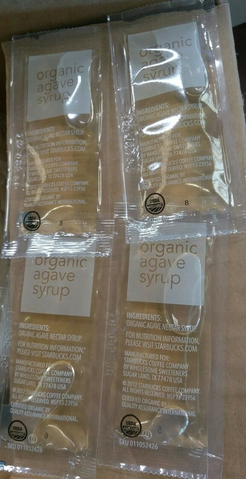 STARBUCKS 7G ORGANIC AGAVE SYRUP PACKETS 250 PACKETS, 4.75LBS EXP. 45