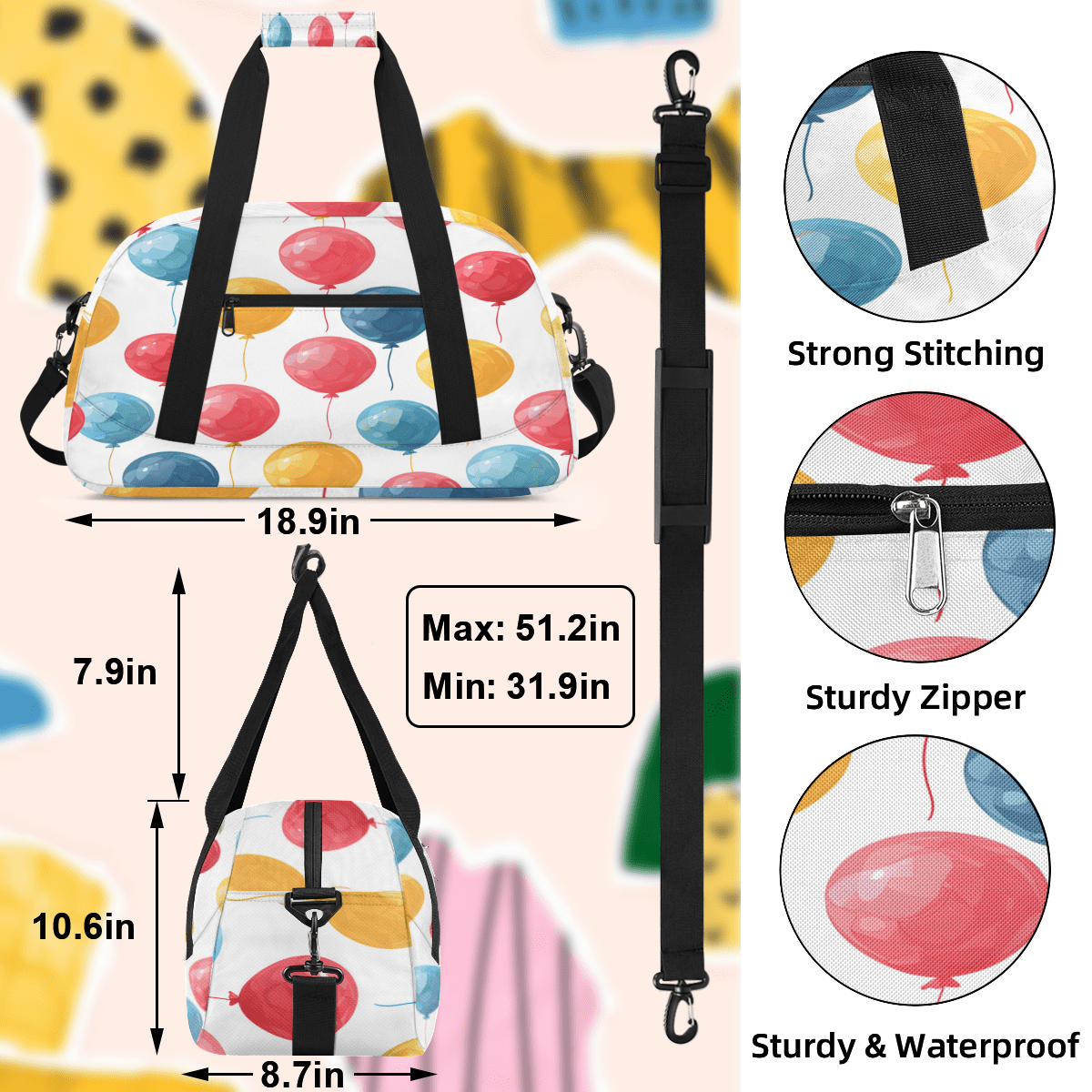 Herdesigns Colorful Balloons Sports Duffle Bag for Women & Men, Happy Birthday Gym Bag Dance Bag Overnight Bag Carry On Weekender Travel Bag