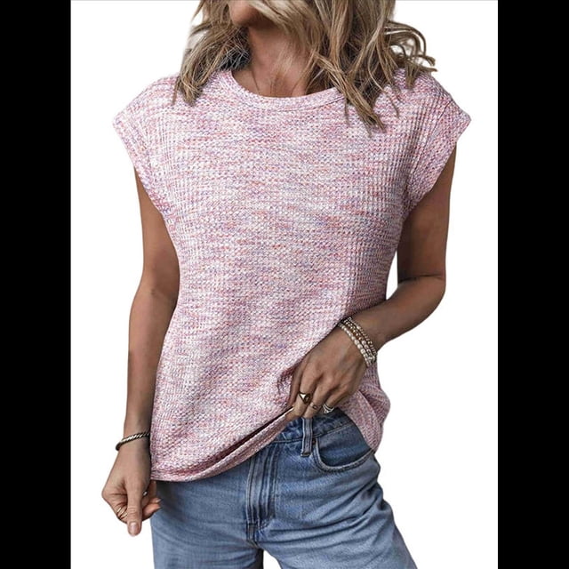 Blusas de Verano para Mujer, Informales, de Cuello Redondo, de Punto Gofre, con Mangas , Blusas Holgadas. Rosa L