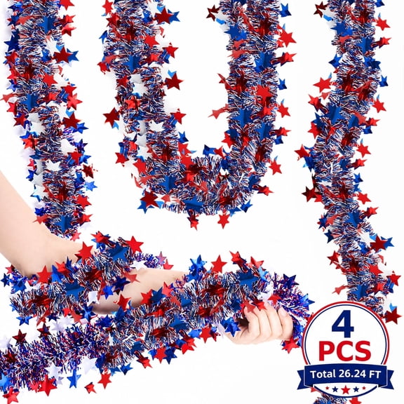 Kabuer 4th of July Patriotic Hanging Tinsel Garland Red White Blue Hanging Decoration for Independence Day Patriotic Party Total 26.2.4ft