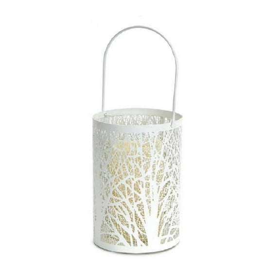 Melrose 8" Prelit LED Battery Operated Tree Patterned Candle Lantern with Timer - White