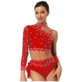 thumbnail image 3 of Kaerm Womens Shiny Rhinestone Dance Top Asymmetrical Shoulder Long Sleeve Figure Skating Costume Crop Top Red S, 3 of 5