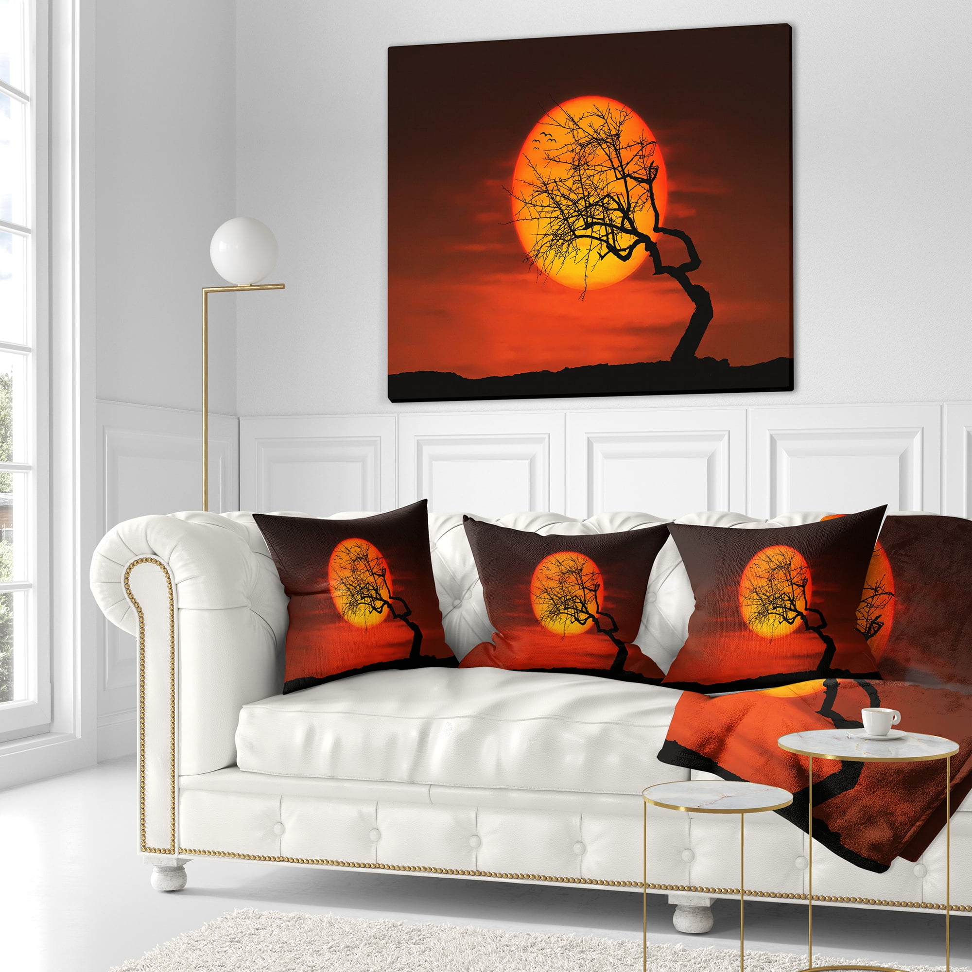 Designart Birds and Tree Silhouette at Sunset - Landscape Printed Throw Pillow - 16x16