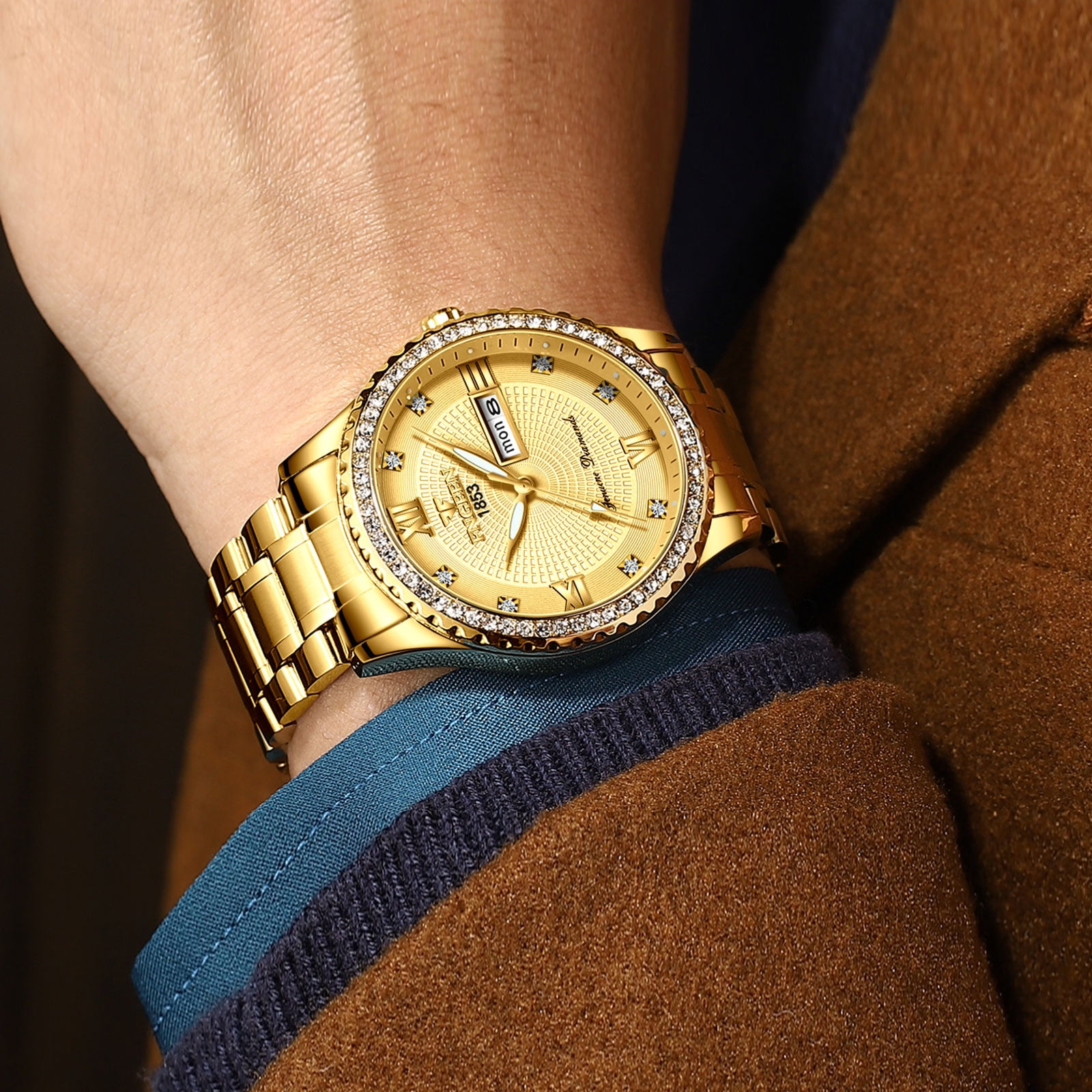 Classic Diamond Gold Watches for Men, Stainless Steel Waterproof Dress Watch, Men's Quartz Analog Wristwatch