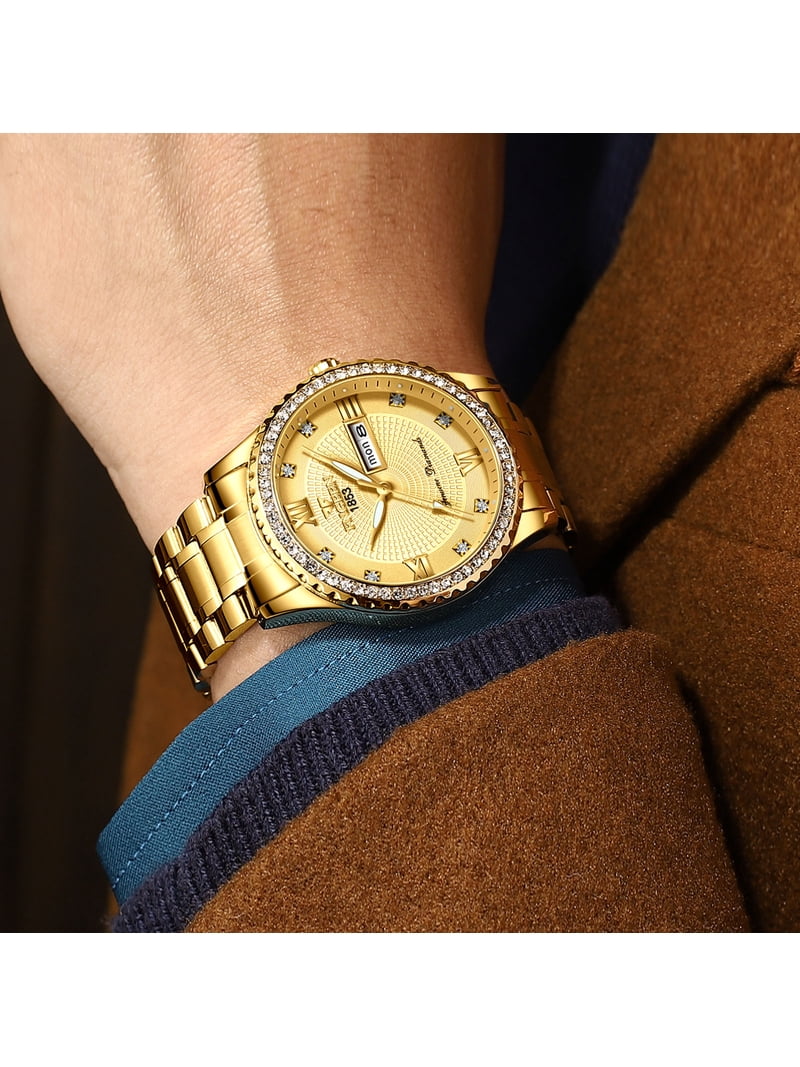 mens gold dress watches Blue Face Watches for Men Big Dial Watch Men Day Date Diamond Luxury W –  ShineWithAPurpose main image 0