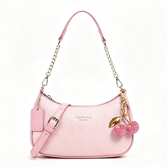 REMANLAND Women's Satin Evening Hobo Shoulder Bag with Cherry Charm and Chain Detail, Pink