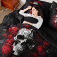 thumbnail image 3 of Manfei Halloween Victorian Damask Skull Rose Queen Bedding 7pcs, Gothic Floral Butterfly Bedding Comforter Set Queen, Black Red White,Black Reversible, 3 of 7
