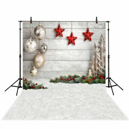 Image of MOHome 5x7ft Christmas theme photography Backdrop Snowflakes Wooden Walls Christmas Ball Star Trees For Family Background studio prop Photocall