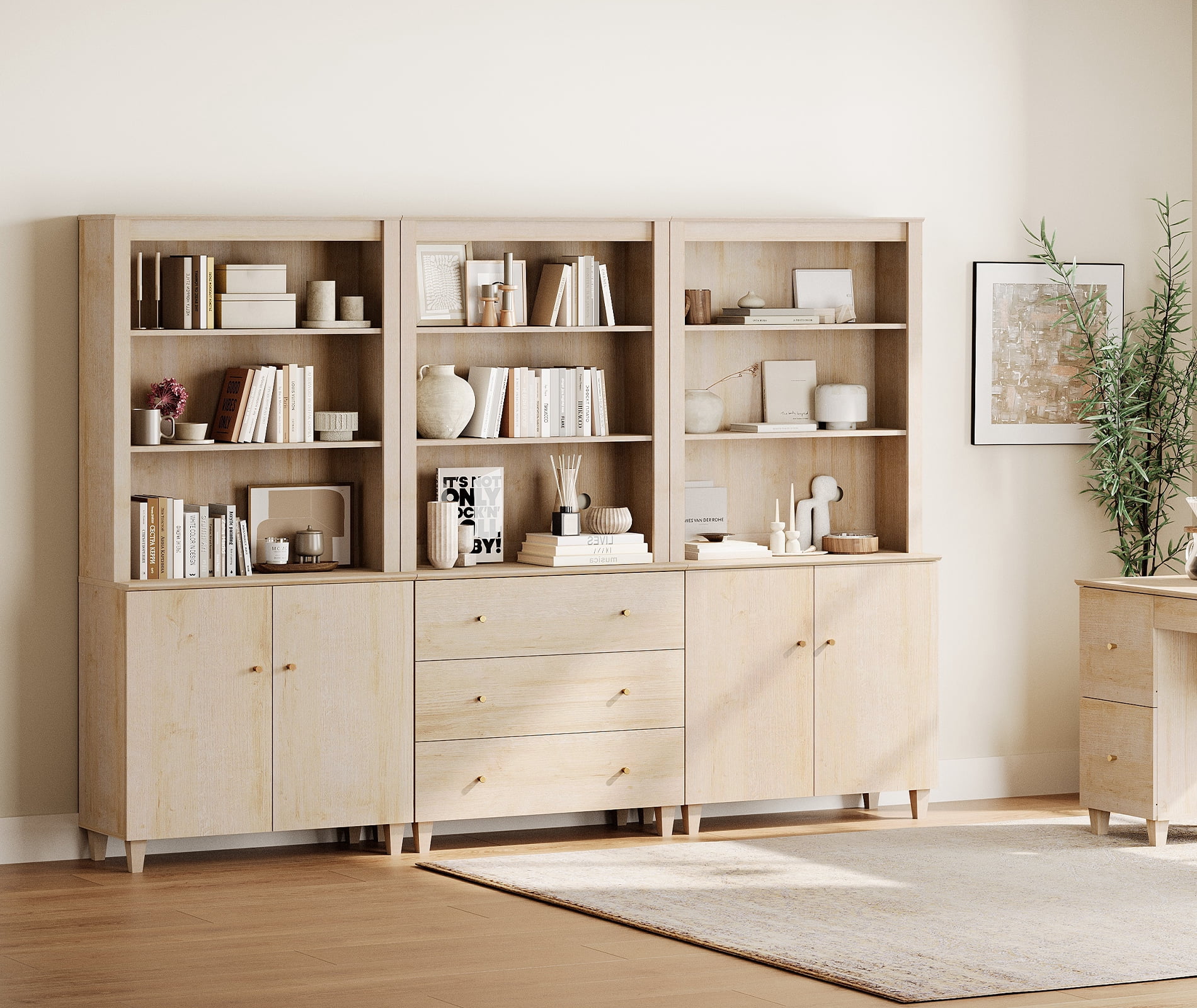 WAMPAT 71" Tall Bookshelf Set of 3, 5-Tier Modern Storage Bookcase with 2 Cabinets and 3 Drawers, Large Wooden Bookcases for Living Room, Natural Oak