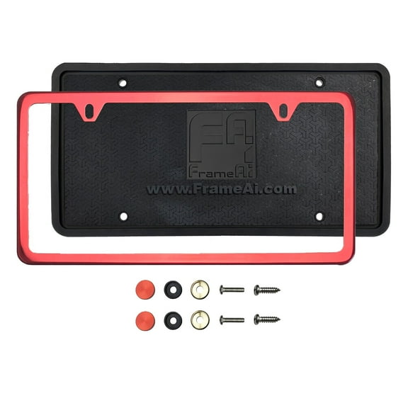 KA Depot Silicone Back Guard Two Holes Slim License Plate Holder Red Chrome Mirror License Plate Frame T304 Stainless Steel   Metal Screw Caps