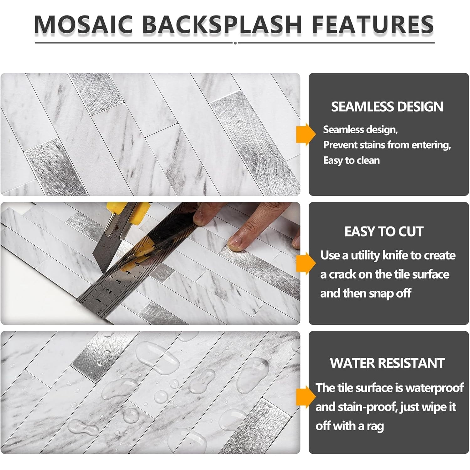 20 Sheets Peel and Stick Backsplash Tile, Stick on Backsplash for Kitchen and Bathroom, White Marble Look PVC Mixed Metal Silver Self Adhesive Wall Tiles