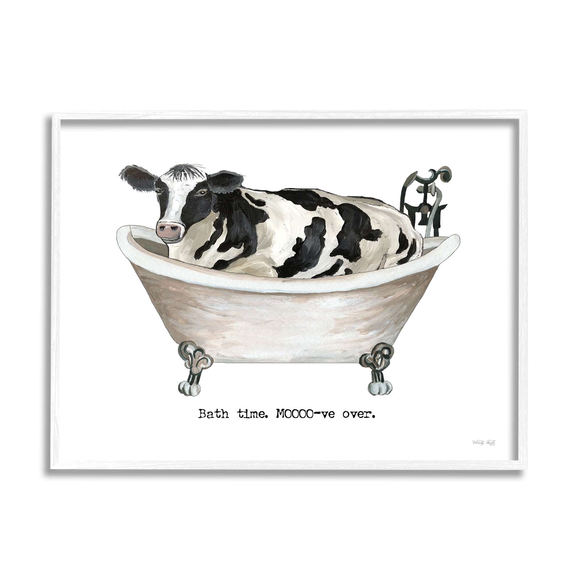 Stupell Industries Moo-ve Over Bath Time Cow Farmhouse Bathroom Sign Graphic Art White Framed Art Print Wall Art, Design by Cindy Jacobs