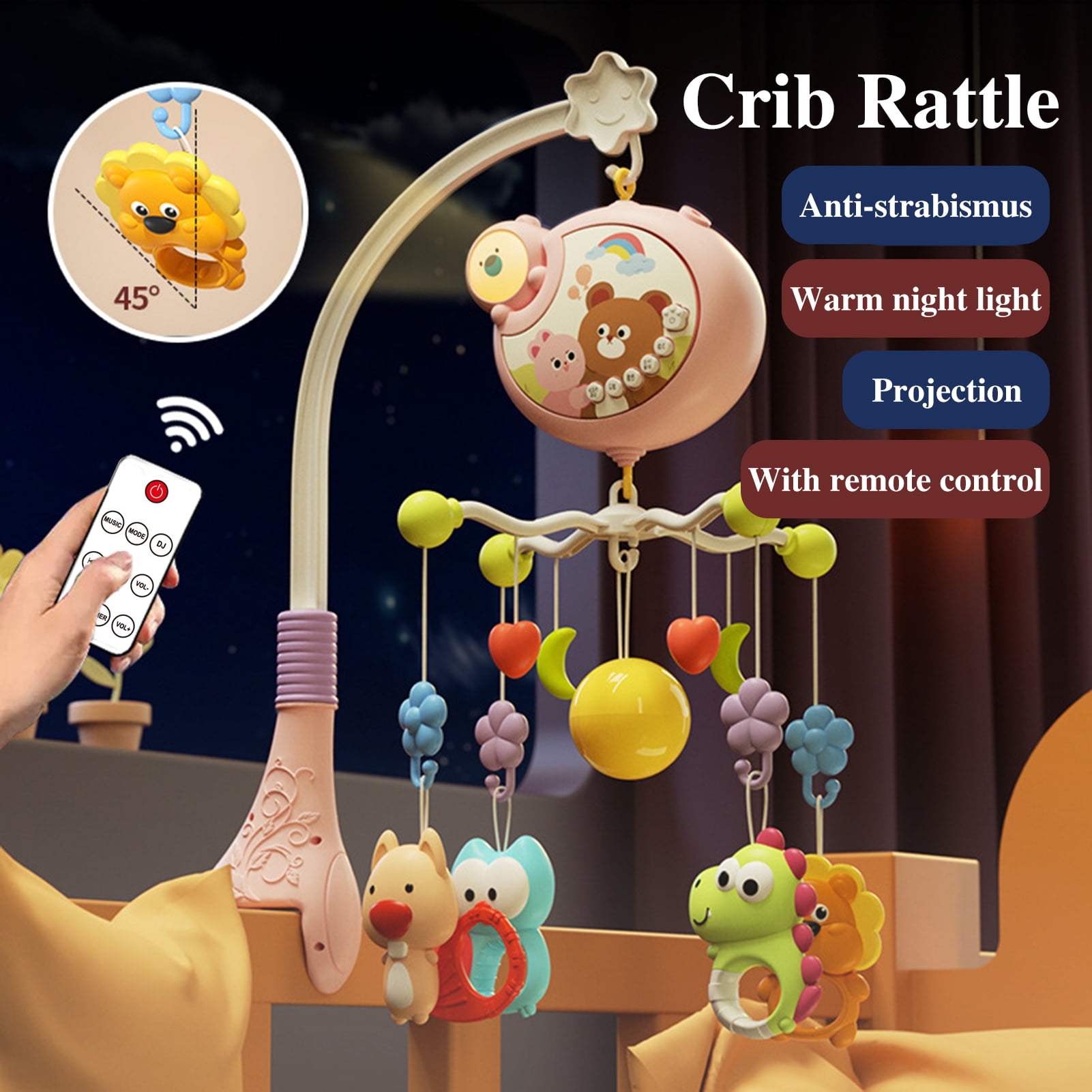 BAELLERT Baby Mobiles for Cribs Crib Mobile with Music & Lights Remote Control Rotating Rattle Toy Star Projection Relaxing Music Baby Crib Rattle for Boys Girls