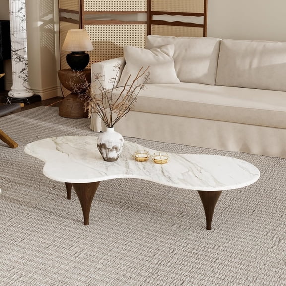Modern Coffee Table for Living Room, 54.72" Irregular Cloud Coffee Table with Sintered Stone Top, Unique Living Room Table with 3 Metal Legs, Long Center Table Tea Table for Home Office