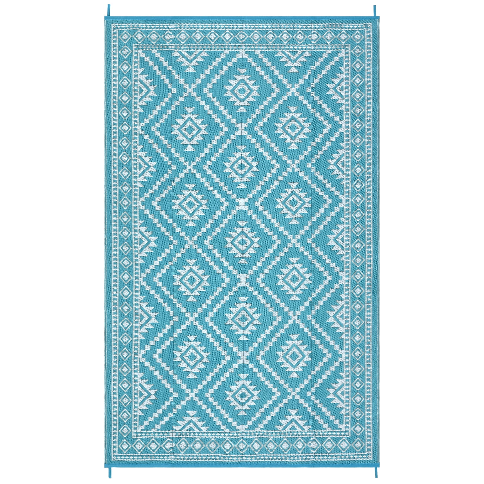 GlowSol 8x10 Outdoor Rug for Picnic Beach Deck-Outdoor Waterproof Patio Rug Indoor Outdoor Boho Geometric Area Rug Reversible Rug, Light Blue/White