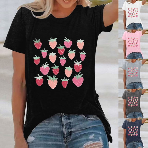 Trendfront Womens Strawberry Graphic Tops Crewneck Casual Short Sleeve Loose Fit Tee Trendy Fashion T Shirts Relaxed Pullover Daily Clothes