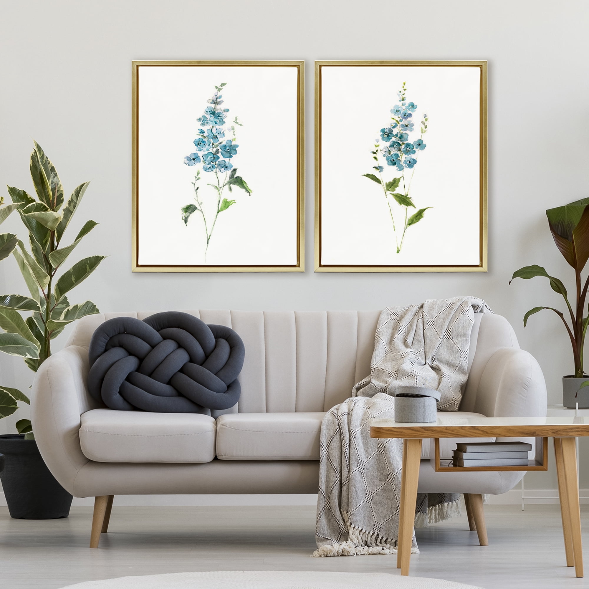 Stupell Industries Blue Watercolor Sprigs 2 Piece Gold Framed Floater Canvas Set, design by Sally Swatland