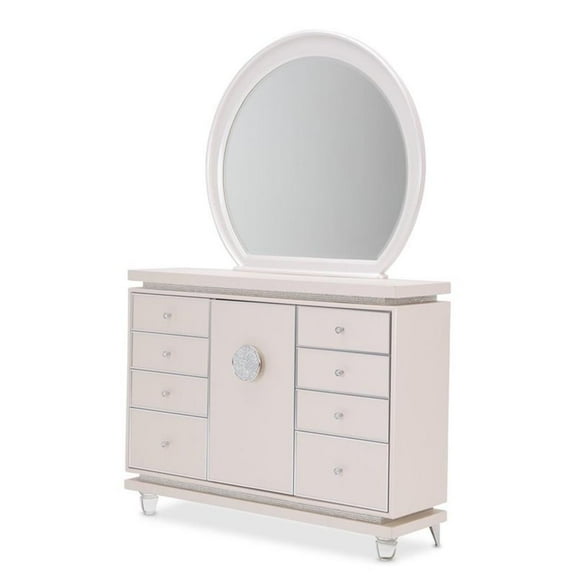 Michael Amini Glimmering Heights Upholstered Wood Dresser w/ Mirror in Ivory