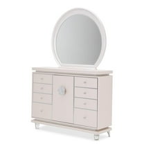 Michael Amini Glimmering Heights Upholstered Wood Dresser w/ Mirror in Ivory