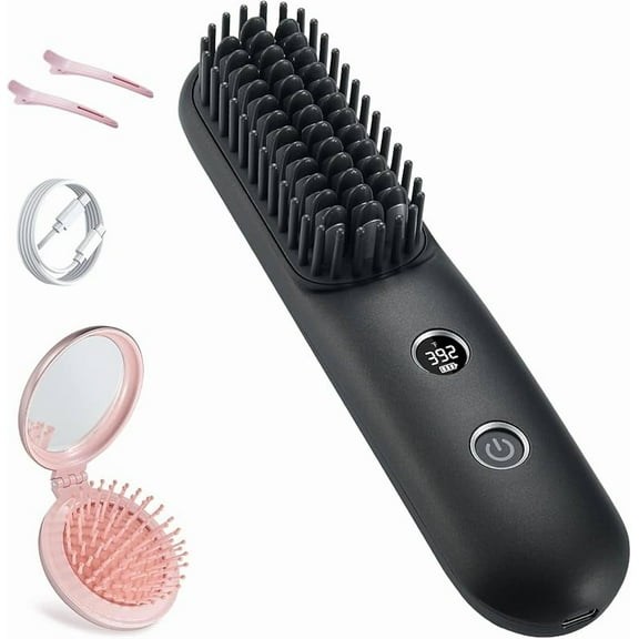 LCD Screen Cordless Hair Straightener Curler 2 in 1, Portable Mini Hair Straightening Brush for Travel Negative Ionic Fast Heating Hot Comb for Women, Folding Brush with Mirror, Pink