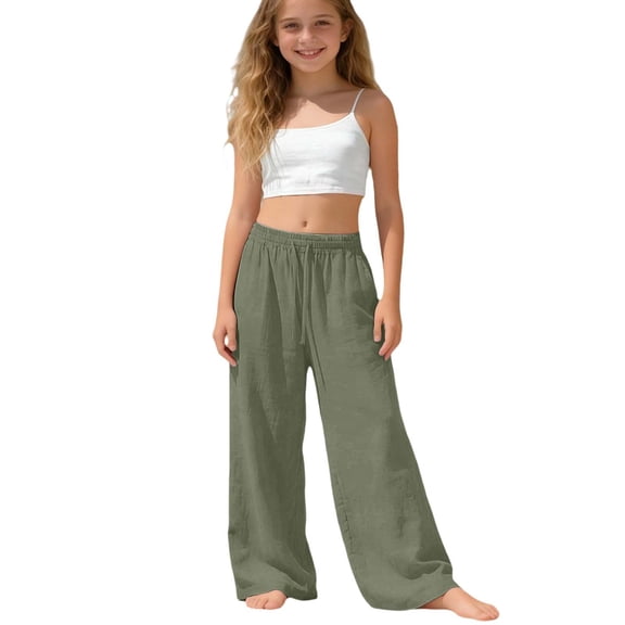 SONXAHE Toddler Girls Linen Blend Wide Leg Pants Elastic Waist Drawstring Breathable Casual Summer Trousers,Army Green