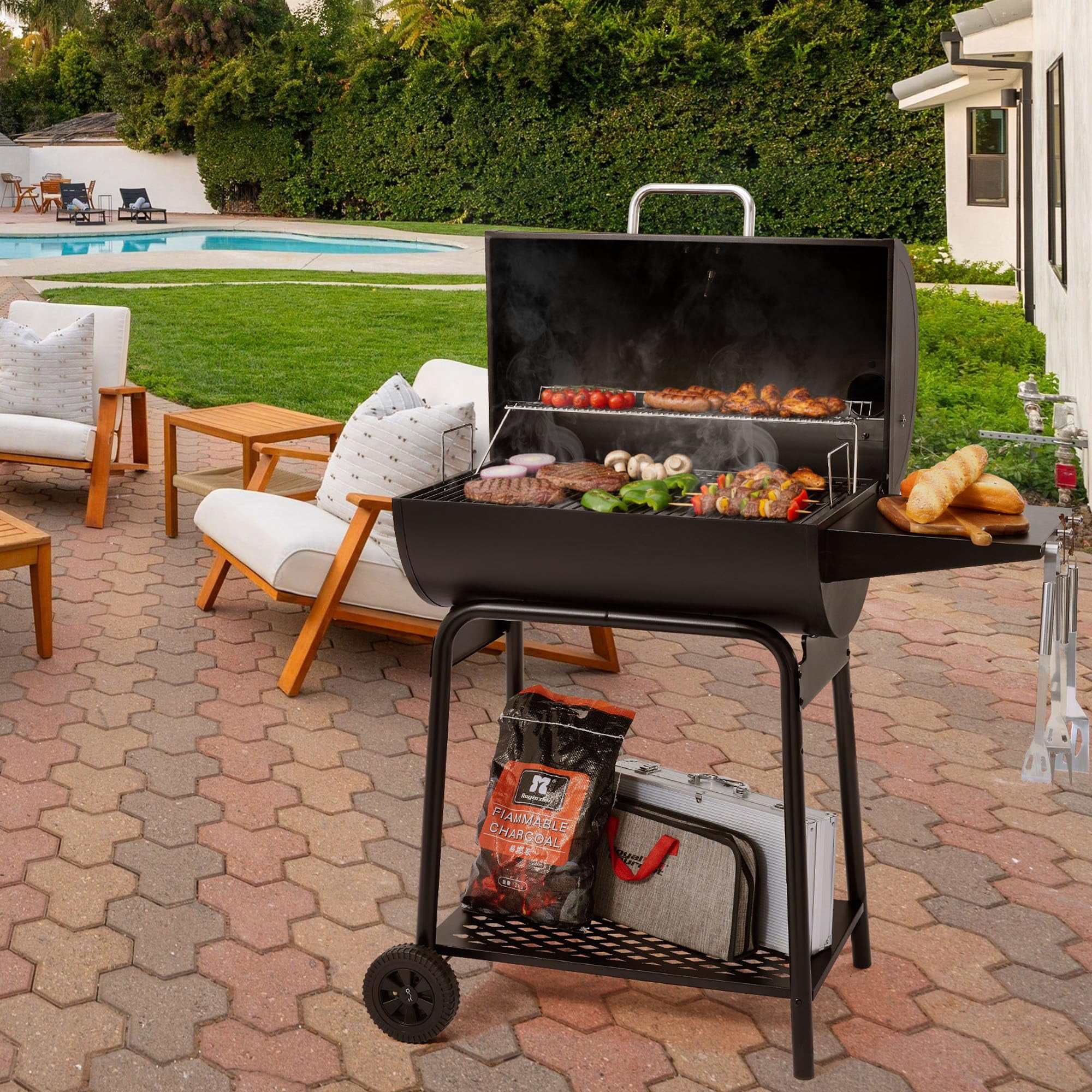 Cc1830 28 Inch Charcoal Grill With Warming Rack  Outdoor Bbq 626 Sq. In. Grilling Space For Backyard Patio And Parties Black