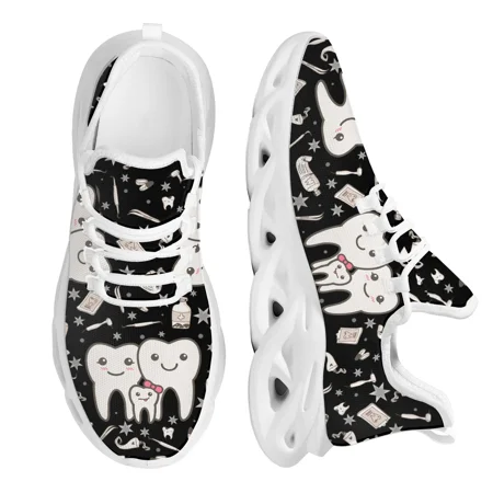 

Funny Dentist Teeth Print Women s Flat Shoes Blue Lace-up Sneaker Summer Breathable Kint Footwear For Teen
