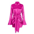 thumbnail image 4 of OSFVNOXV Satin Dress Shirts for Women Long Bell Sleeve Dressy Top Wrap Tie Front Shift Mini Dress for Office Workwear, 4 of 7