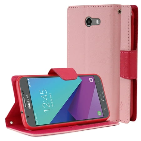 Samsung Galaxy J3 Emerge Diary Case, [Baby Pink/ Hot Pink] Kickstand Feature Luxury Faux Saffiano Leather Front Flip Cover with Built-in Card Slots, Magnetic Flap with Travel Wallet Phone (Best Luxury Travel Credit Card)