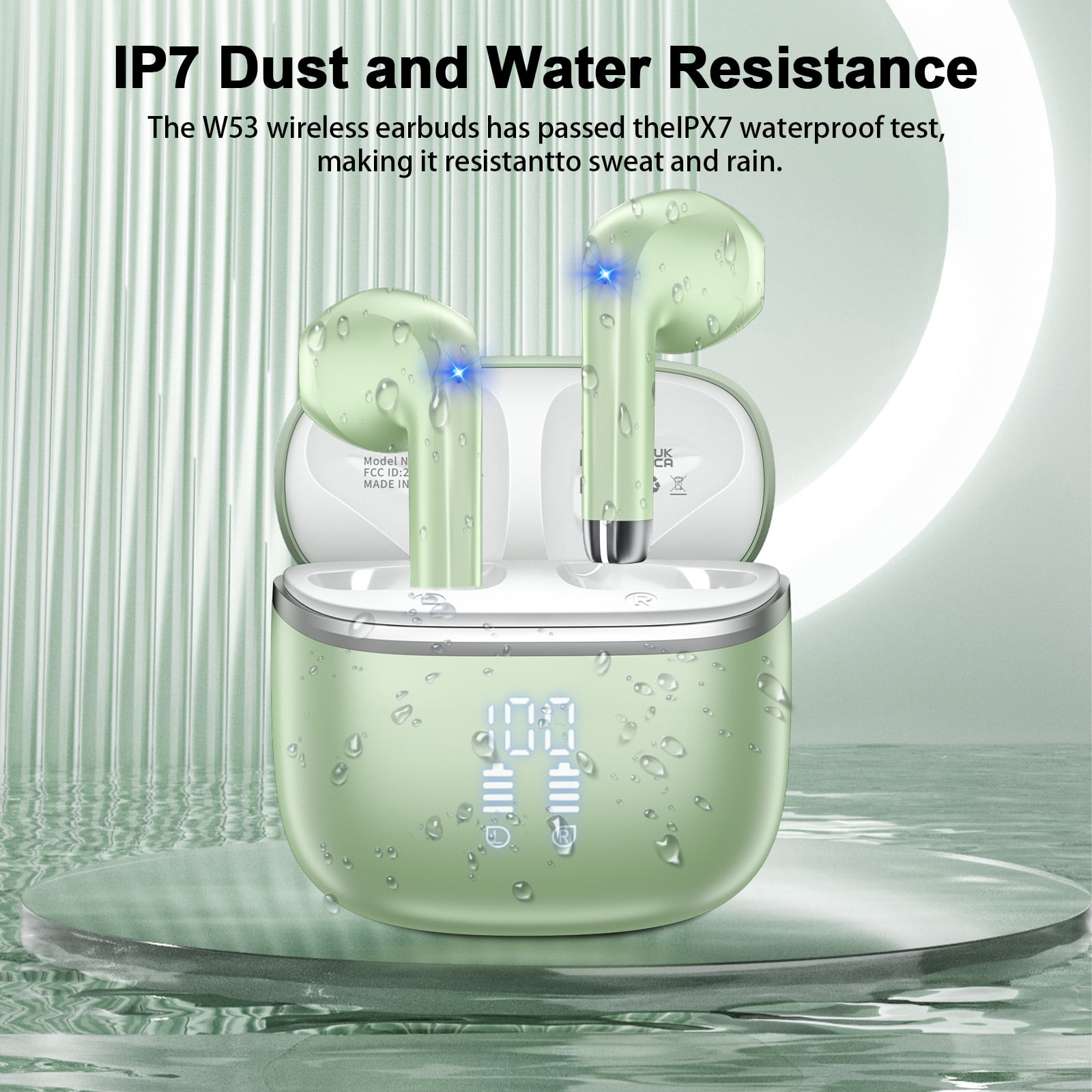 Wireless Bluetooth Earbuds Noise Cancelling in Ear Buds Deep Bass Stereo, 50H Playtime with Mics, LED Display, IPX7 Waterproof Earphones for iphone Android Laptop, Green thumbnail 8